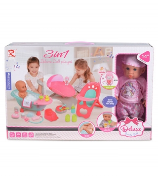 Papusa bebelus Tutu Love cu cadita, scaun de masa si sezlong